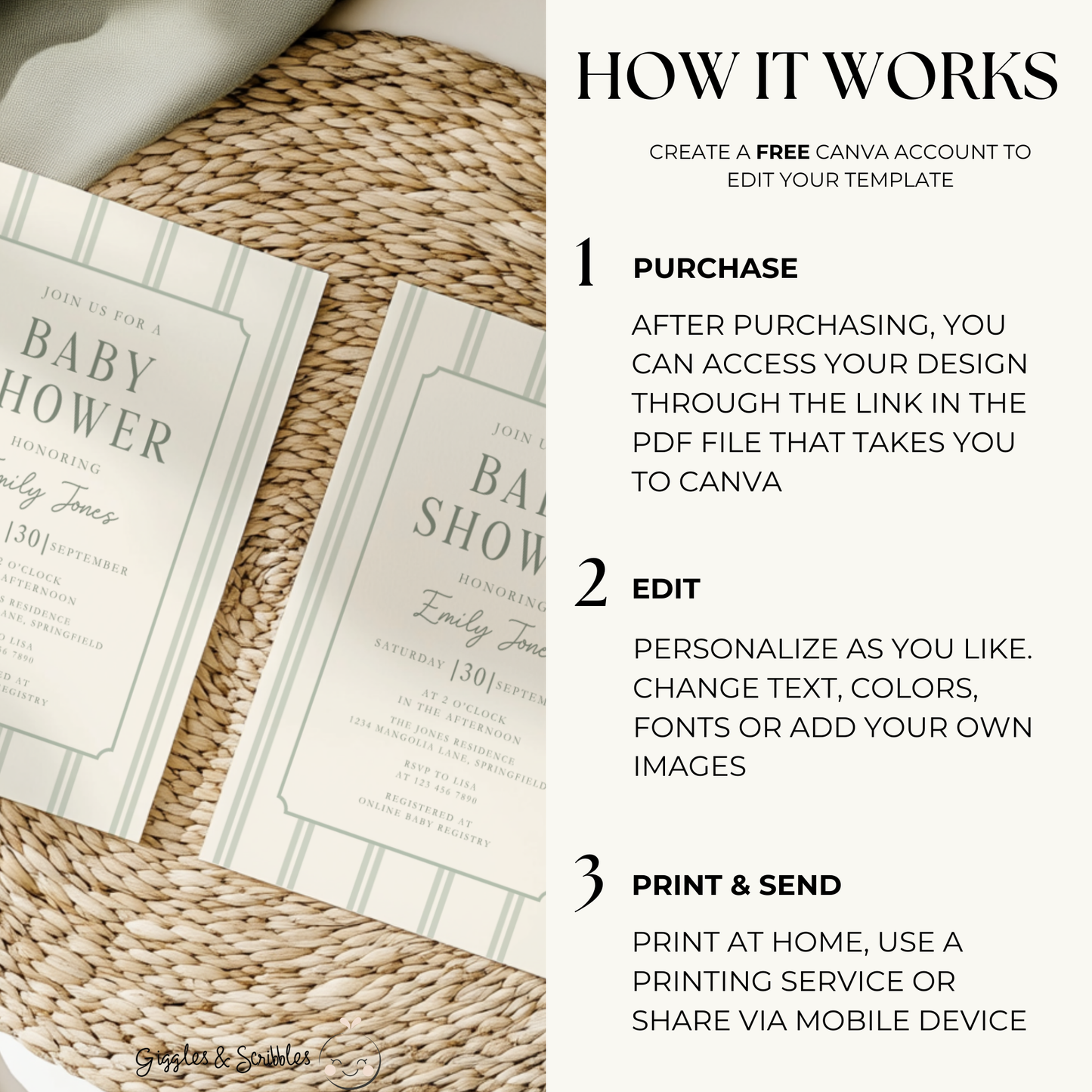 Sage Green Striped Baby Shower Invitation BS275