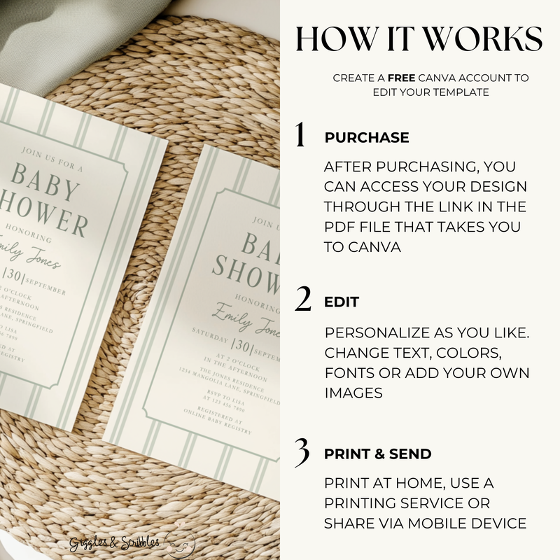 Sage Green Striped Baby Shower Invitation BS275