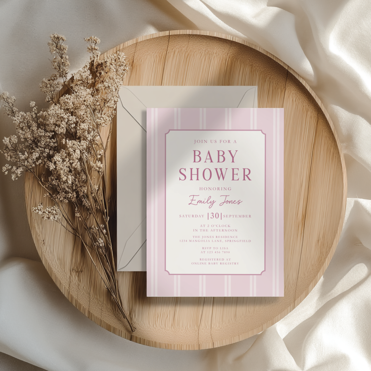 Dusty Pink Striped Baby Shower Invitation BS275