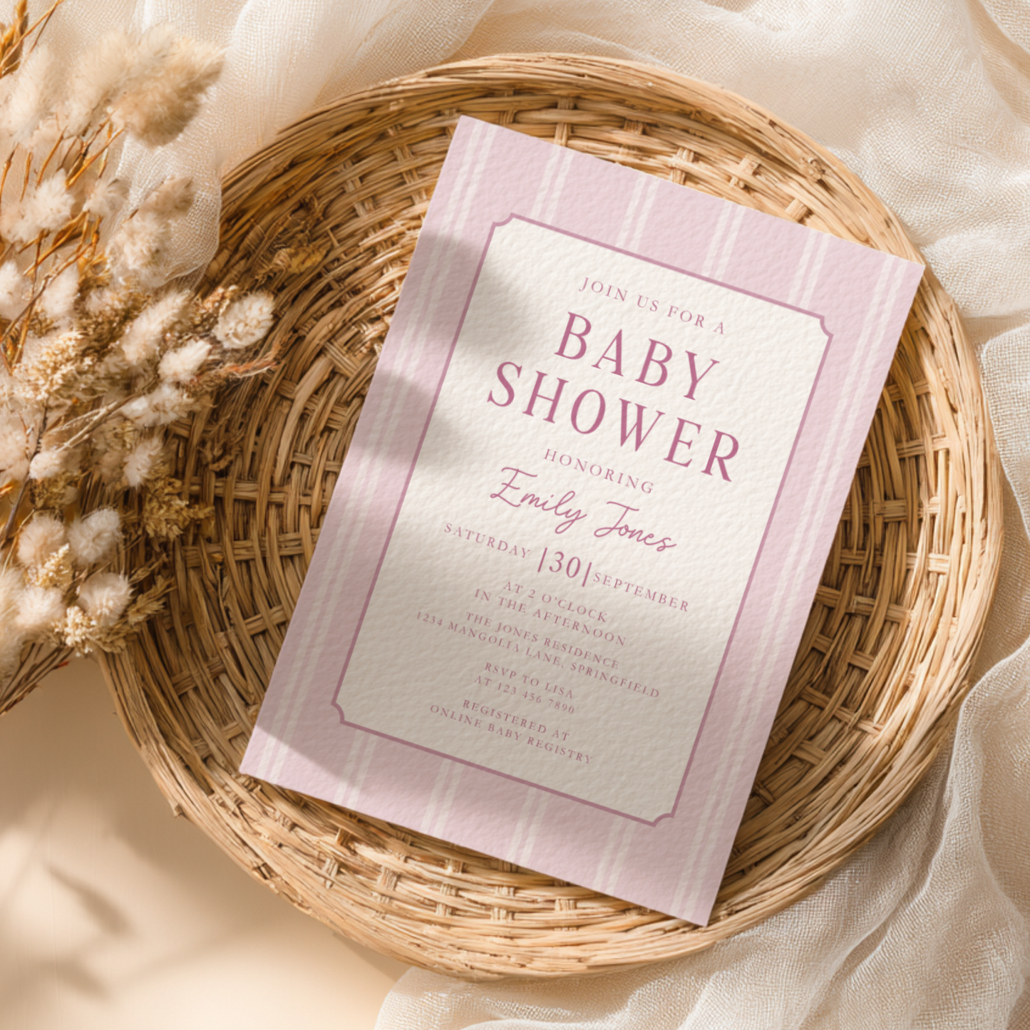 Dusty Pink Striped Baby Shower Invitation BS275