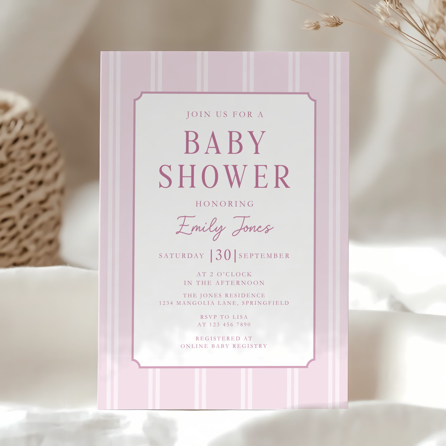 Dusty Pink Striped Baby Shower Invitation BS275