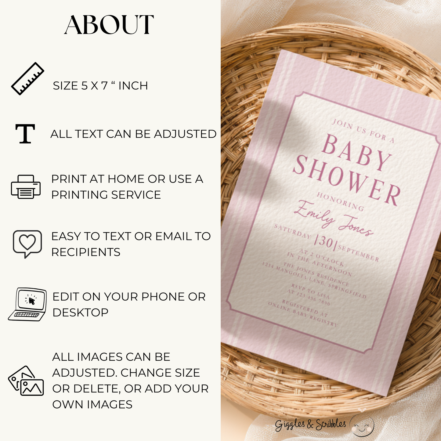 Dusty Pink Striped Baby Shower Invitation BS275