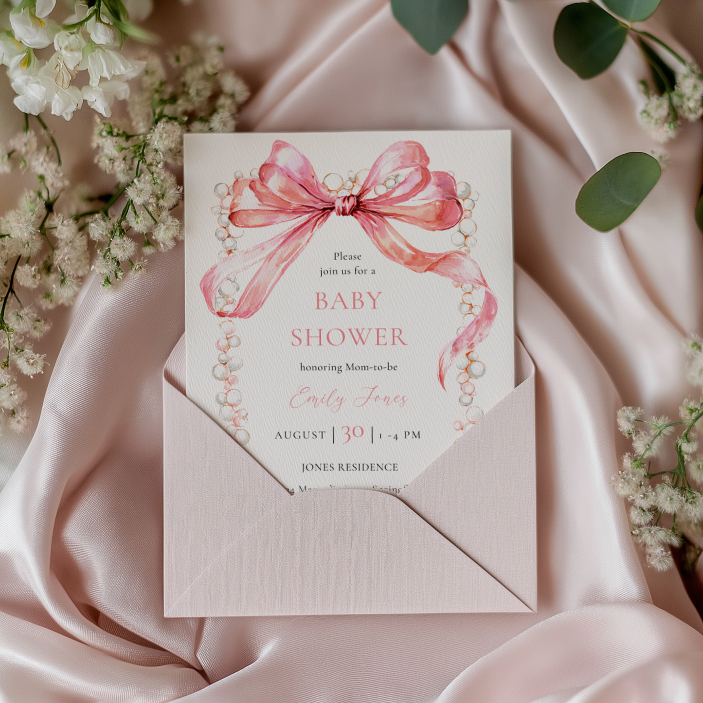 Baby Shower Invitation - Coquette Bow with Pearls Vintage Luxury BS163