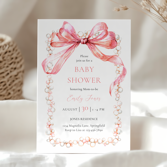 Baby Shower Invitation - Coquette Bow with Pearls Vintage Luxury BS163