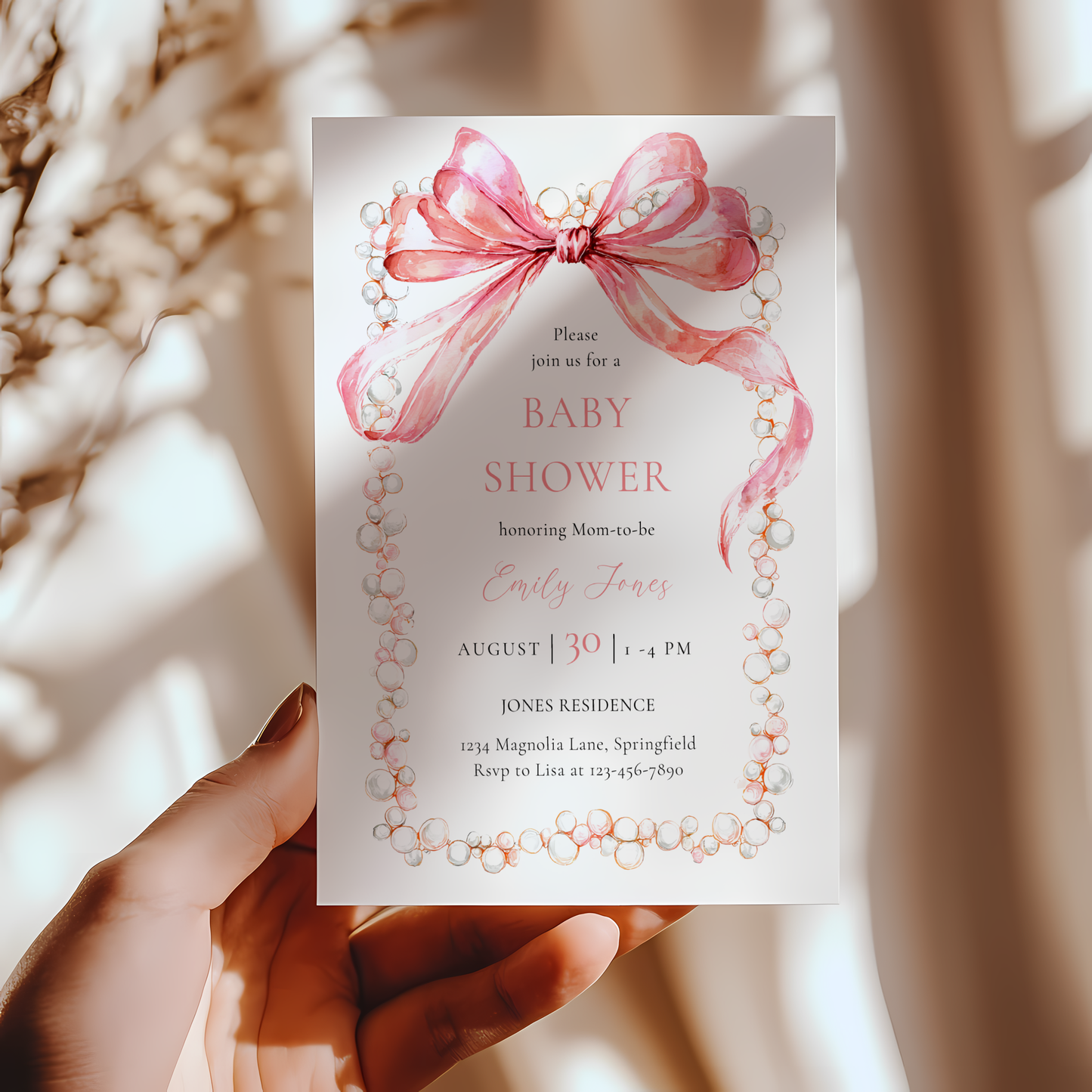 Baby Shower Invitation - Coquette Bow with Pearls Vintage Luxury BS163