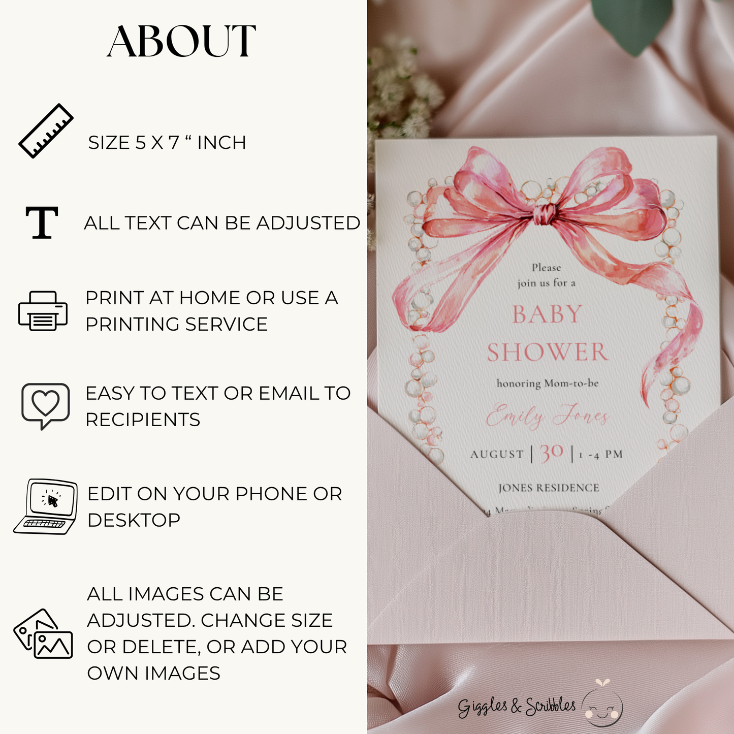 Baby Shower Invitation - Coquette Bow with Pearls Vintage Luxury BS163