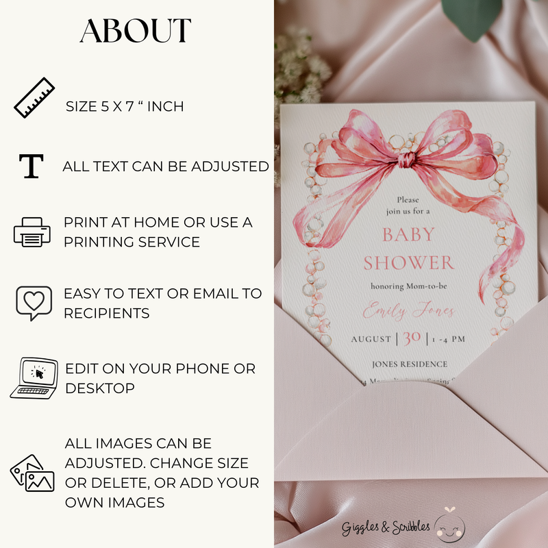 Baby Shower Invitation - Coquette Bow with Pearls Vintage Luxury BS163
