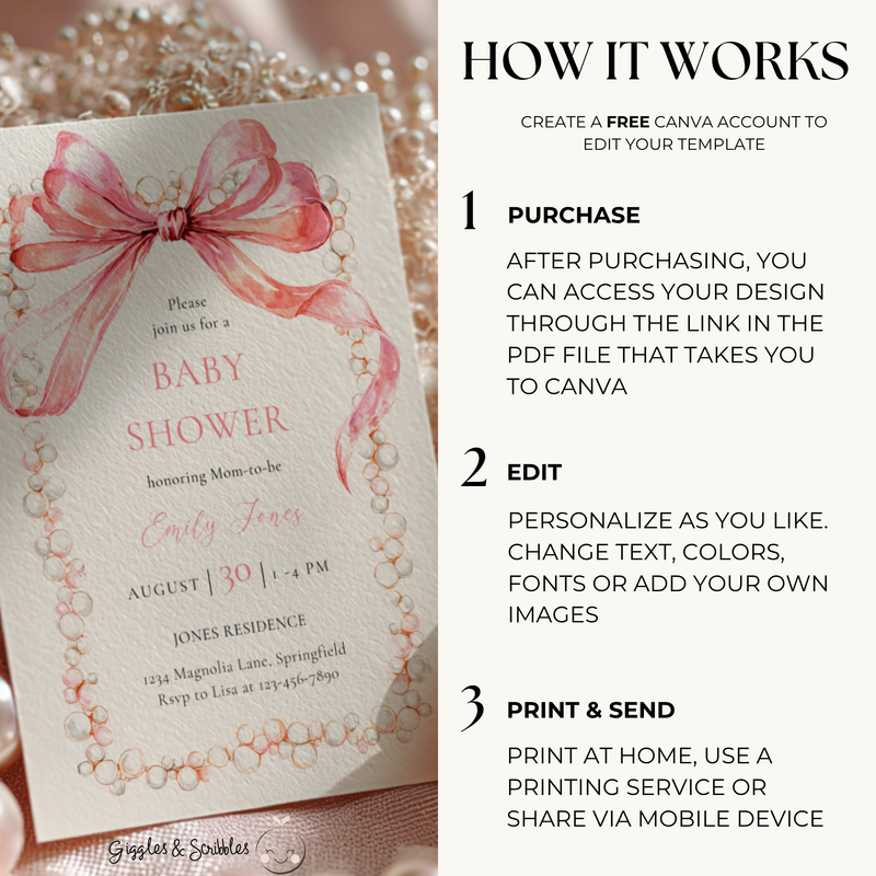 Baby Shower Invitation - Coquette Bow with Pearls Vintage Luxury BS163