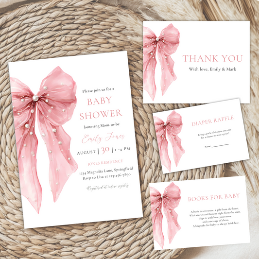 Baby Shower Invitation Bundle - Pink Bow & Pearls Coquette Elegant BS164