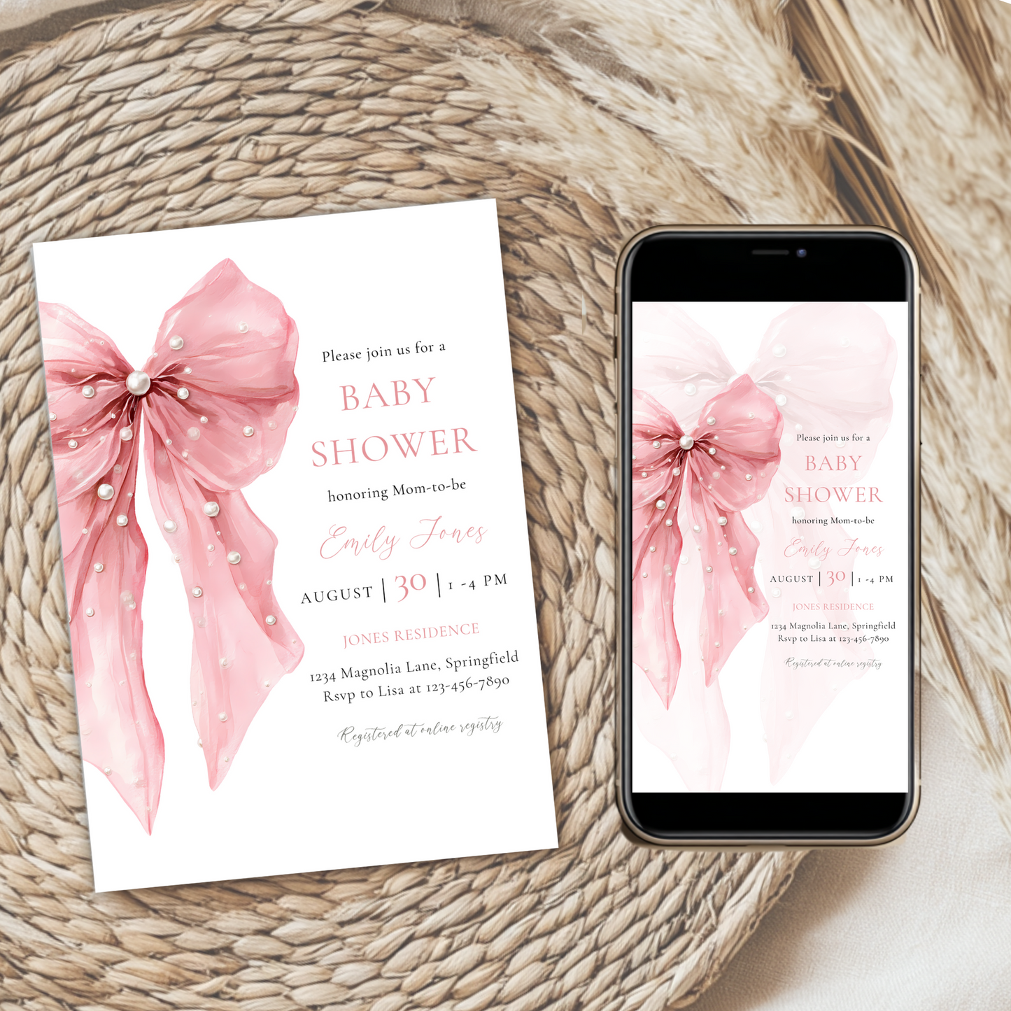 Baby Shower Invitation Bundle - Pink Bow & Pearls Coquette Elegant BS164