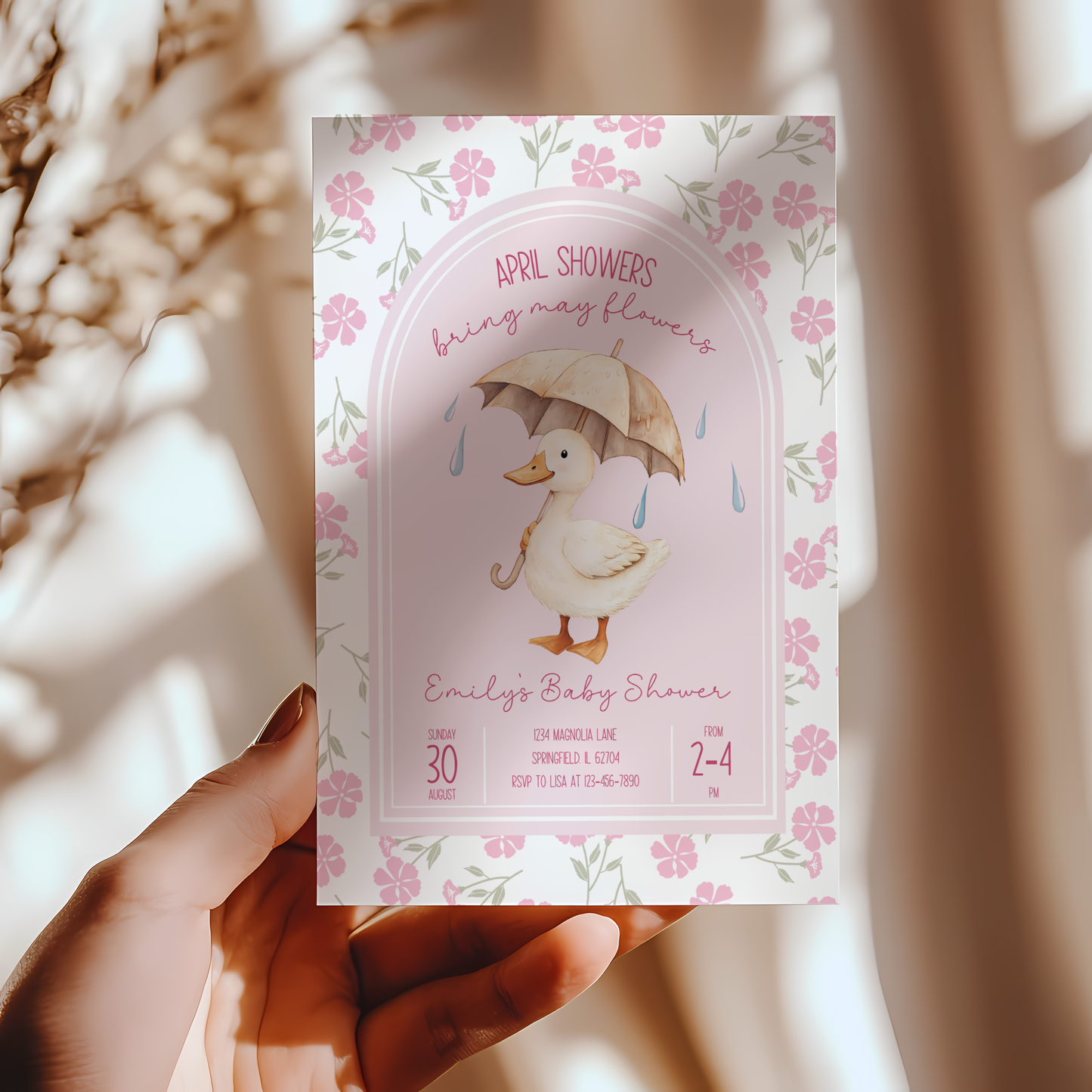 Baby Shower Invitation - Pink April Showers Bring May Flowers with Goose BS87