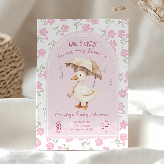 Baby Shower Invitation - Pink April Showers Bring May Flowers with Goose BS87