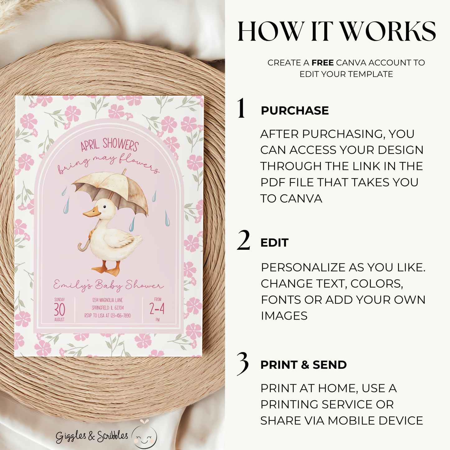 Baby Shower Invitation - Pink April Showers Bring May Flowers with Goose BS87