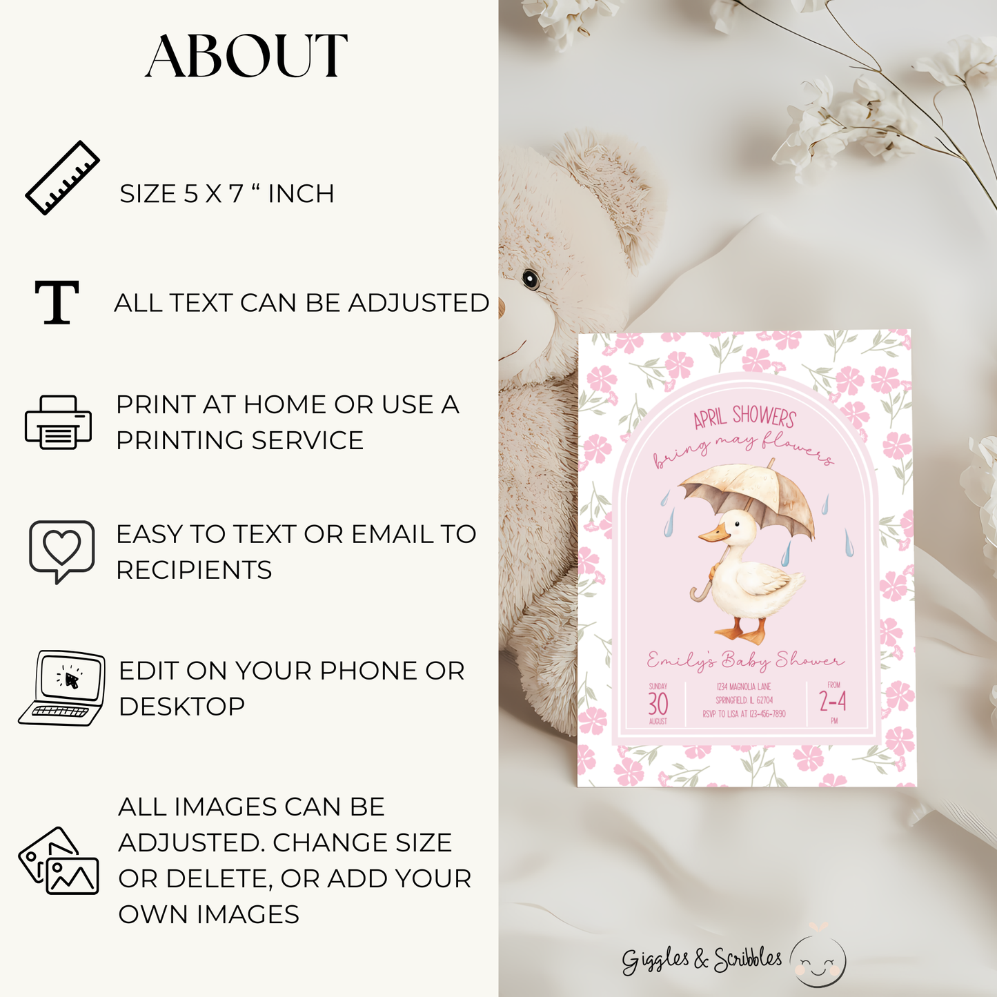 Baby Shower Invitation - Pink April Showers Bring May Flowers with Goose BS87