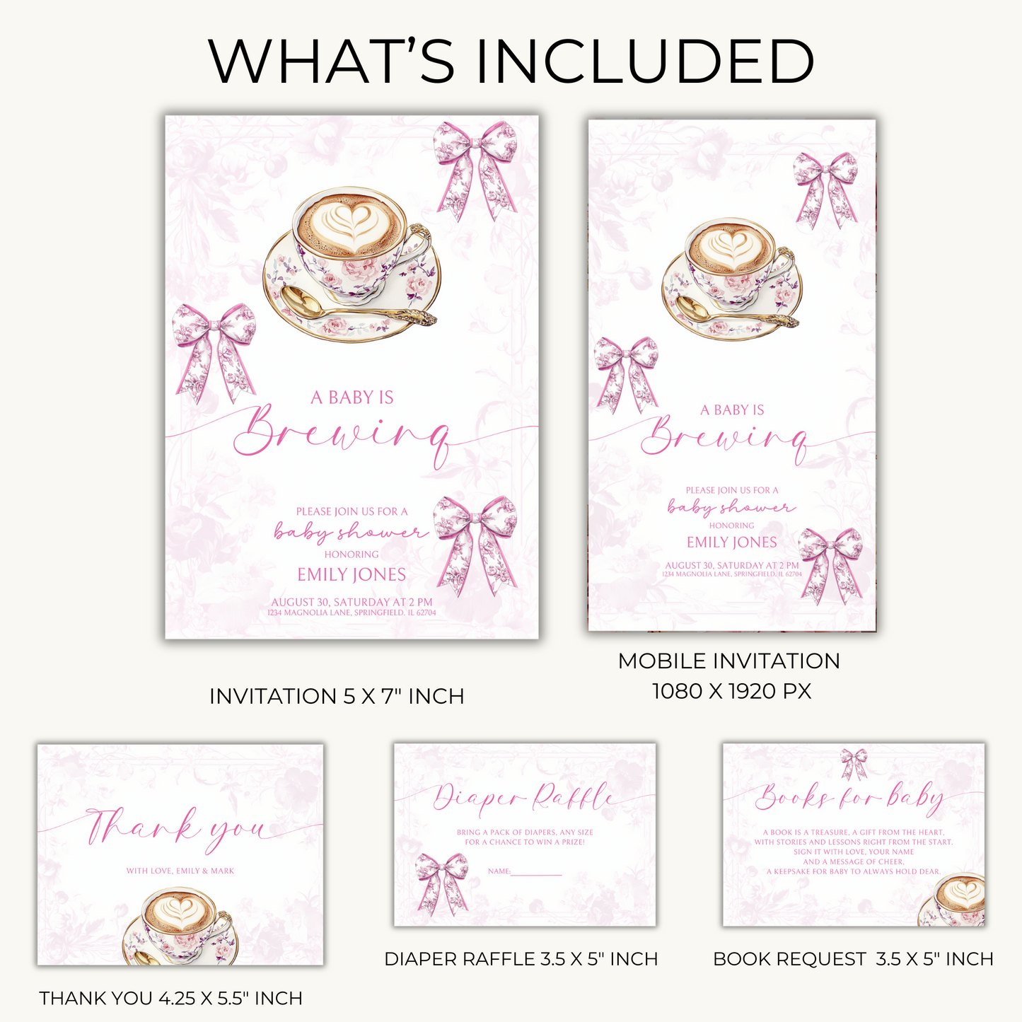 Baby Shower Invitation Bundle - Pink Baby Is Brewing Coffee Theme Toile de Jouy BS62