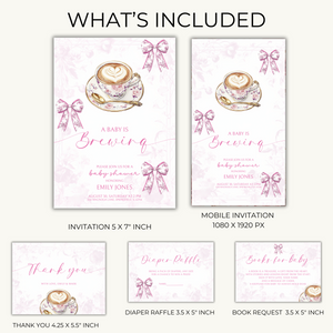 Baby Shower Invitation Bundle - Pink Baby Is Brewing Coffee Theme Toile de Jouy BS62
