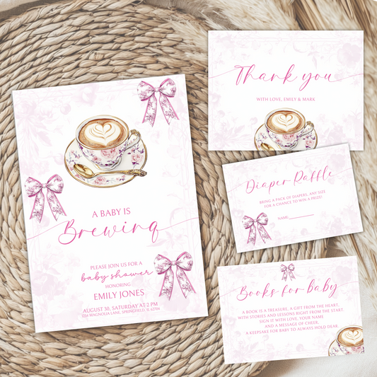 Baby Shower Invitation Bundle - Pink Baby Is Brewing Coffee Theme Toile de Jouy BS62