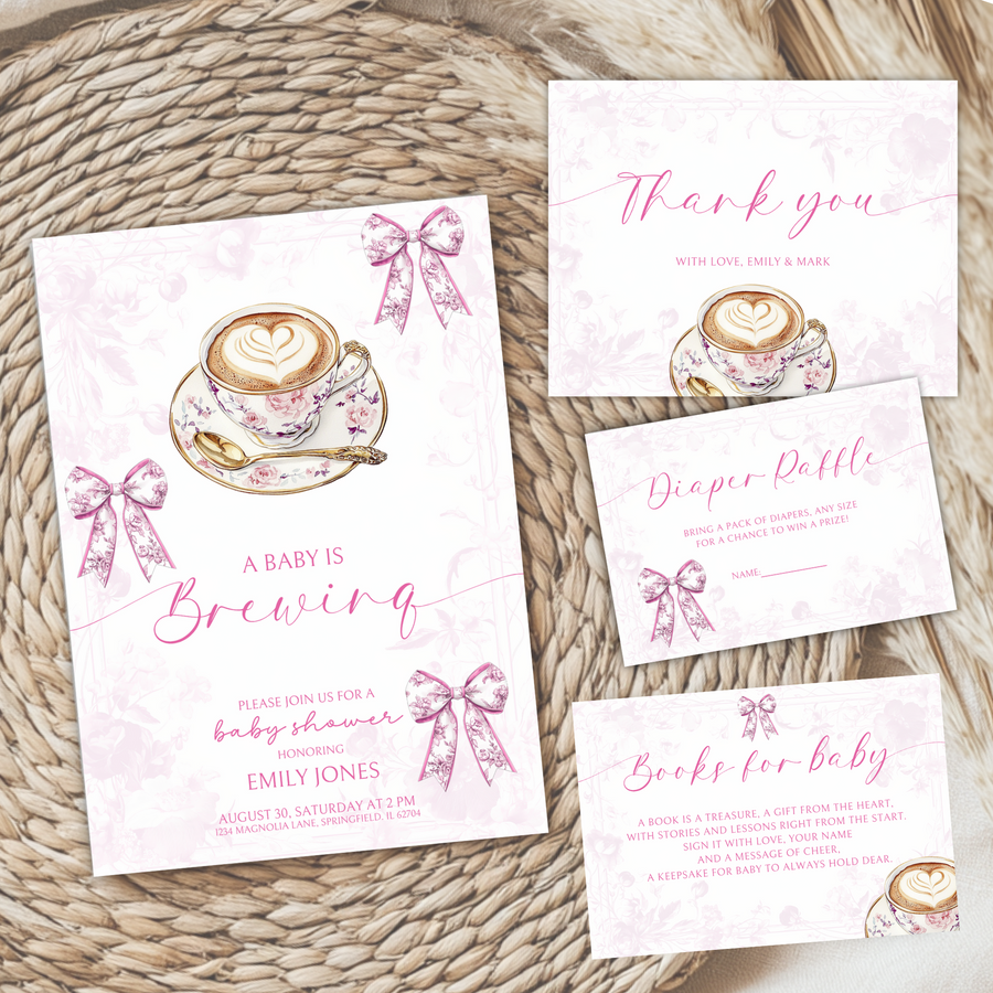 Baby Shower Invitation Bundle - Pink Baby Is Brewing Coffee Theme Toile de Jouy BS62