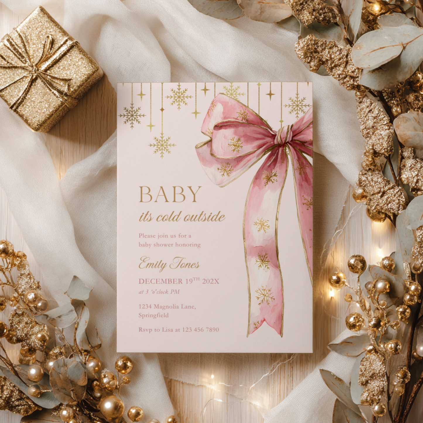 Baby Shower Invitation - Pink Christmas Bow Baby It's Cold Outside BS250