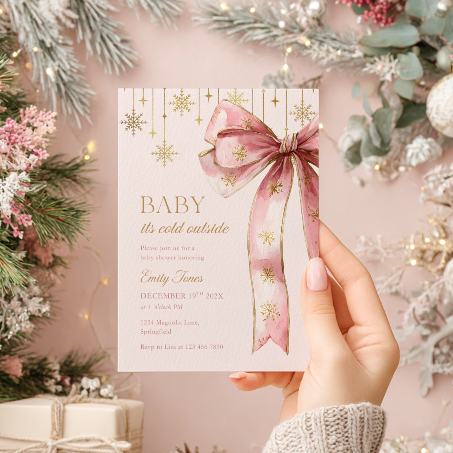 Baby Shower Invitation - Pink Christmas Bow Baby It's Cold Outside BS250