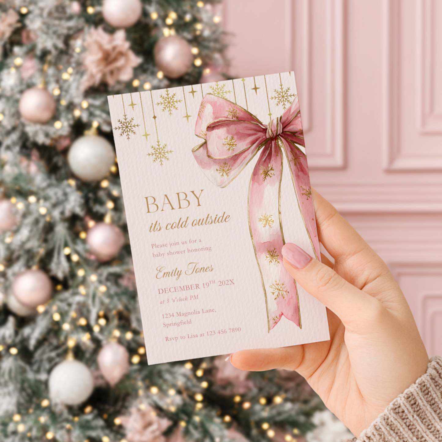 Baby Shower Invitation - Pink Christmas Bow Baby It's Cold Outside BS250