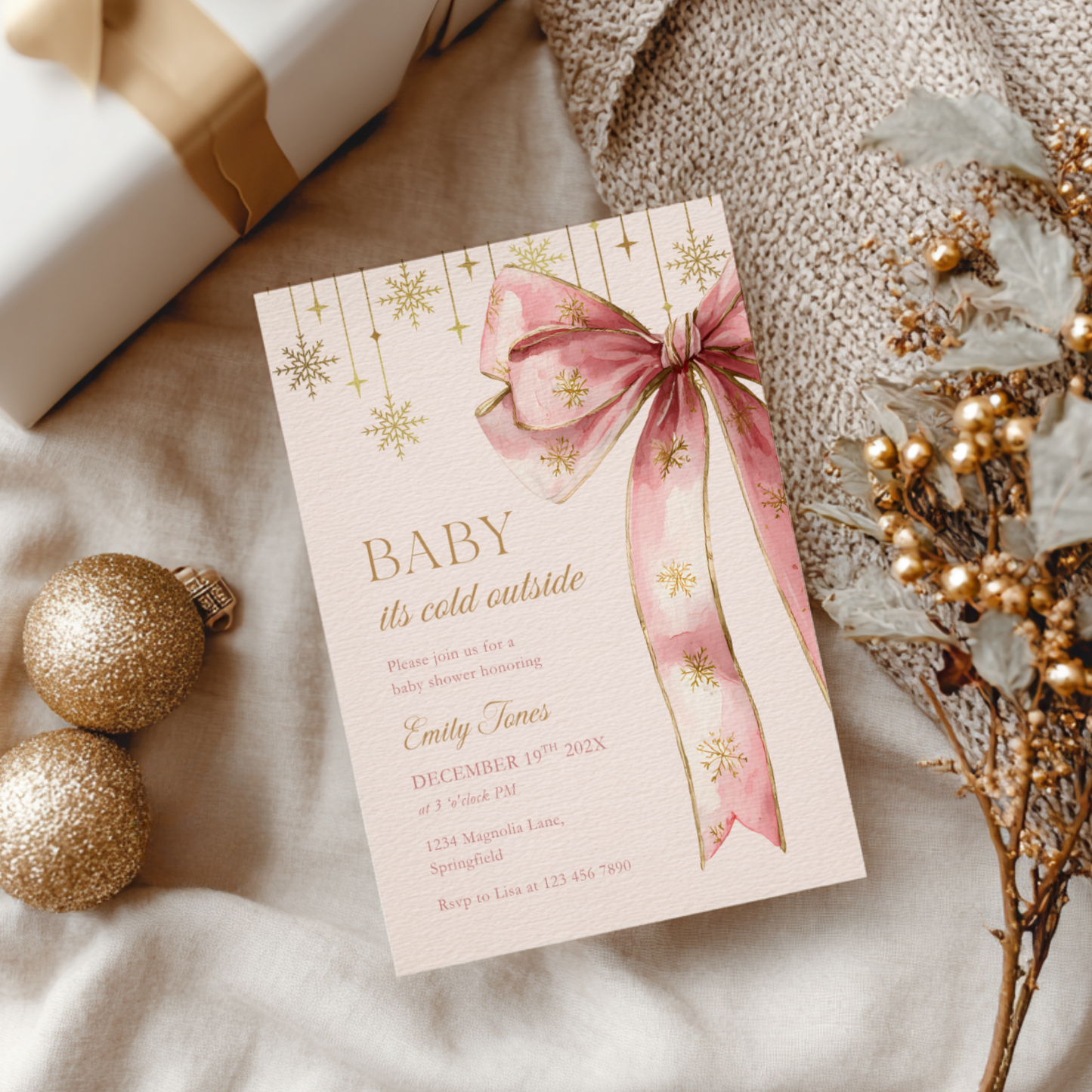 Baby Shower Invitation - Pink Christmas Bow Baby It's Cold Outside BS250