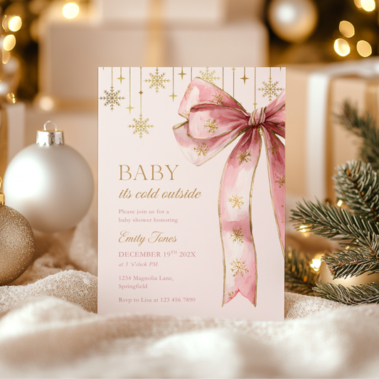 Baby Shower Invitation - Pink Christmas Bow Baby It's Cold Outside BS250