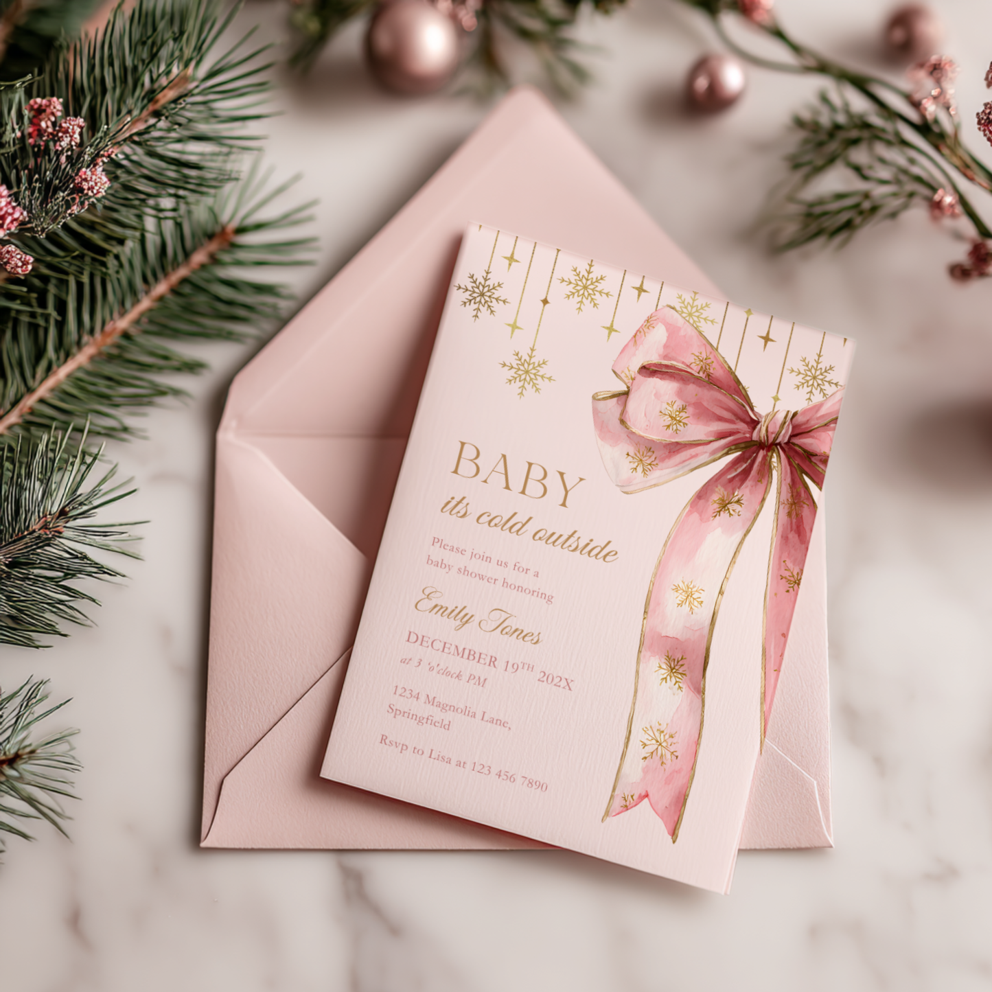 Baby Shower Invitation - Pink Christmas Bow Baby It's Cold Outside BS250