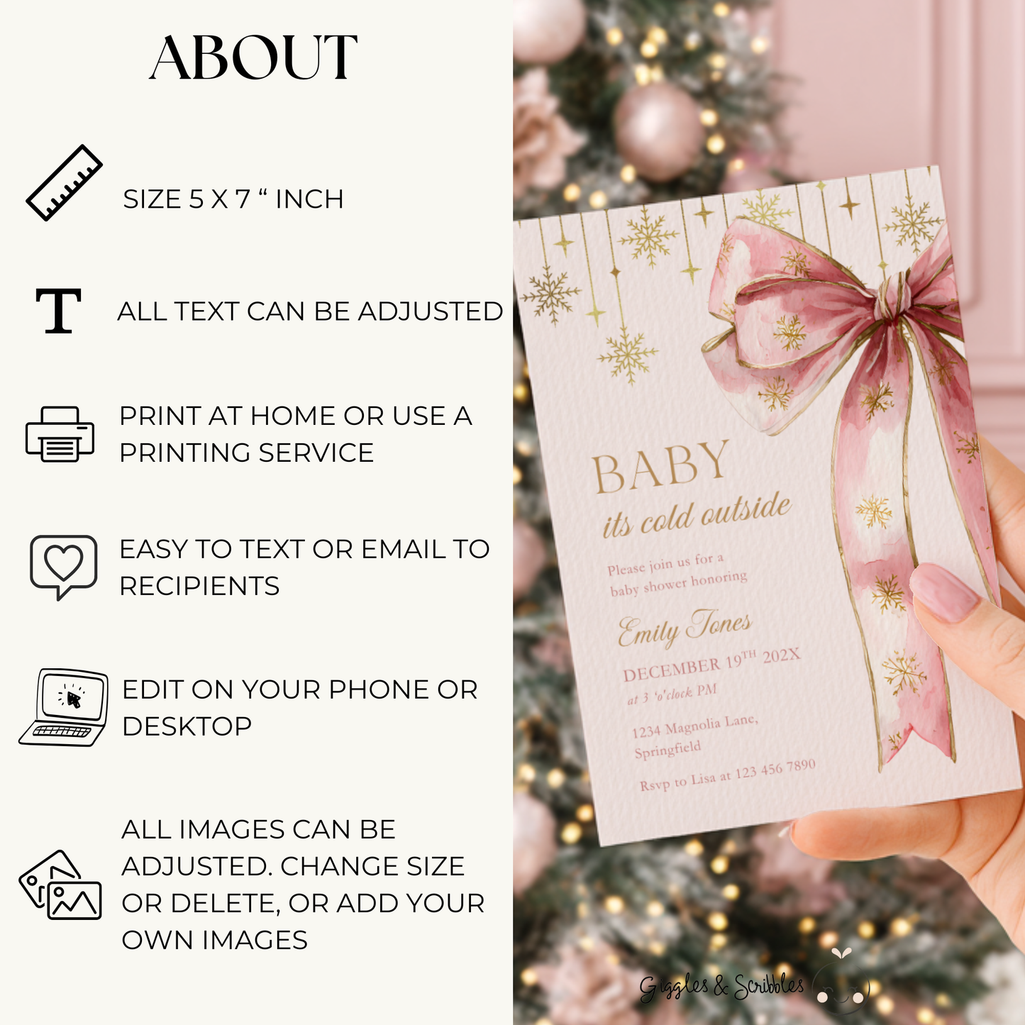 Baby Shower Invitation - Pink Christmas Bow Baby It's Cold Outside BS250