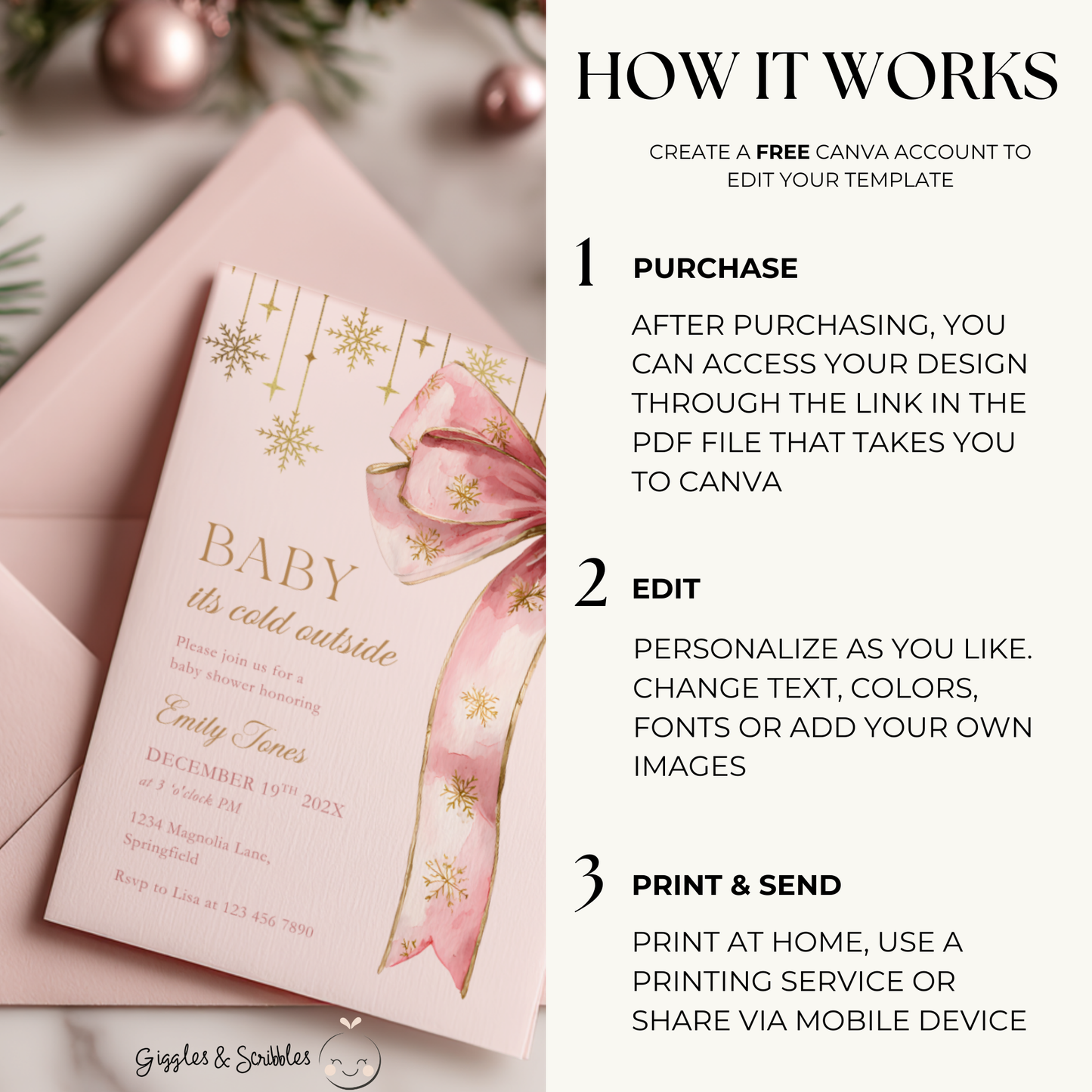 Baby Shower Invitation - Pink Christmas Bow Baby It's Cold Outside BS250