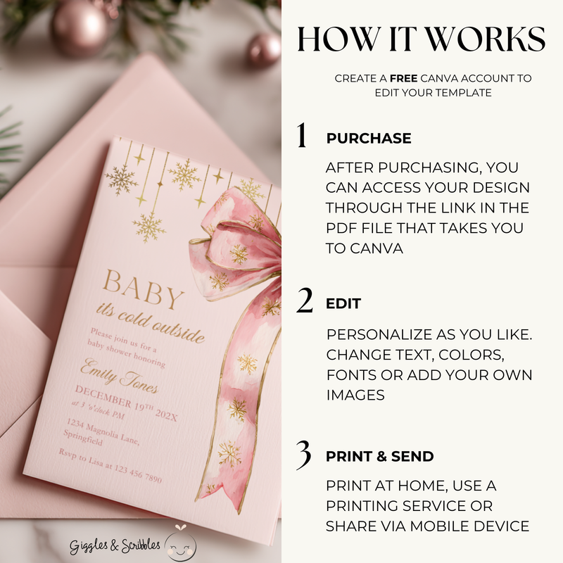 Baby Shower Invitation - Pink Christmas Bow Baby It's Cold Outside BS250