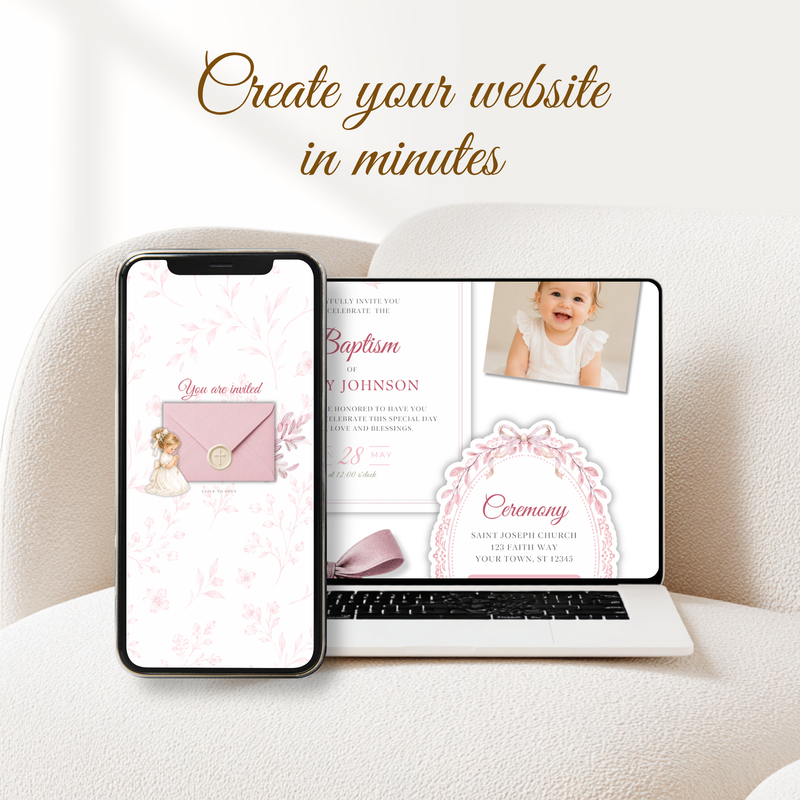 Pink Girl Baptism Website Invitation with RSVP L143