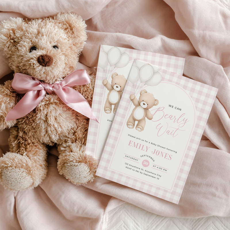 Bear Baby Shower Invitation Bundle Girl - Soft Pink Teddy Theme BS295