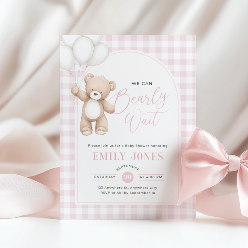 Bear Baby Shower Invitation Bundle Girl - Soft Pink Teddy Theme BS295