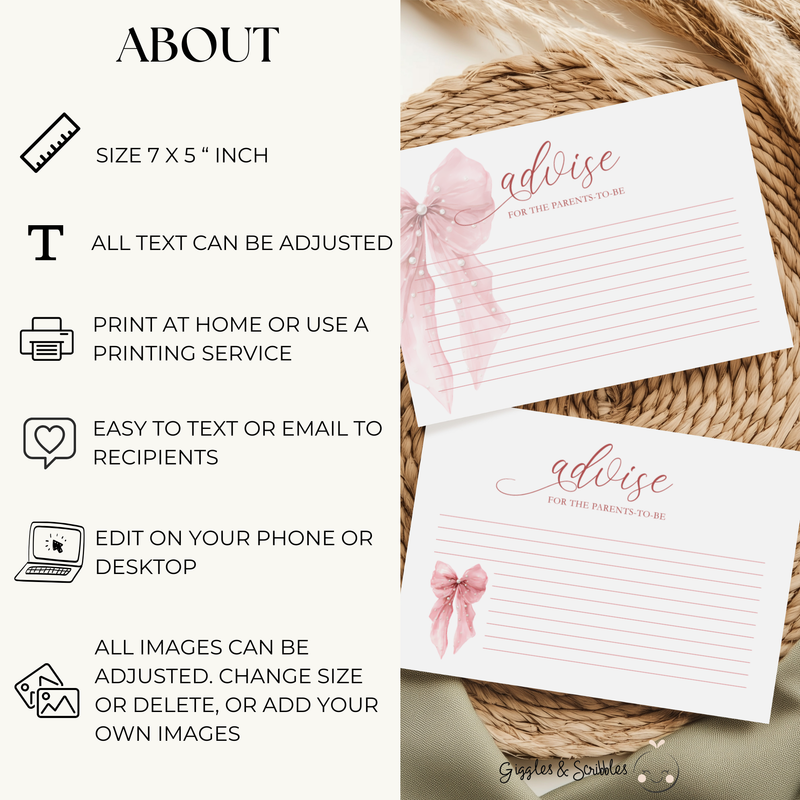 Pink Bow Baby Shower Advise Card for Parents To Be BS164