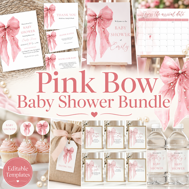 Pink Bow Baby Shower Templates Bundle BS164