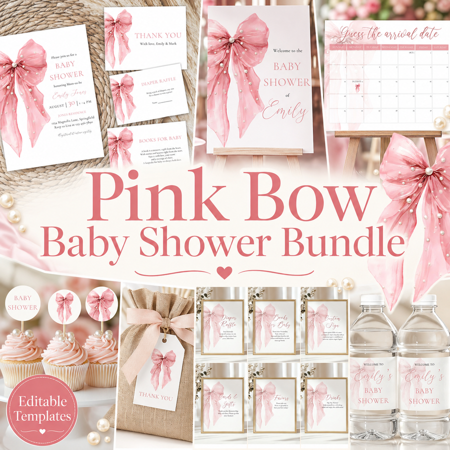 Pink Bow Baby Shower Templates Bundle BS164