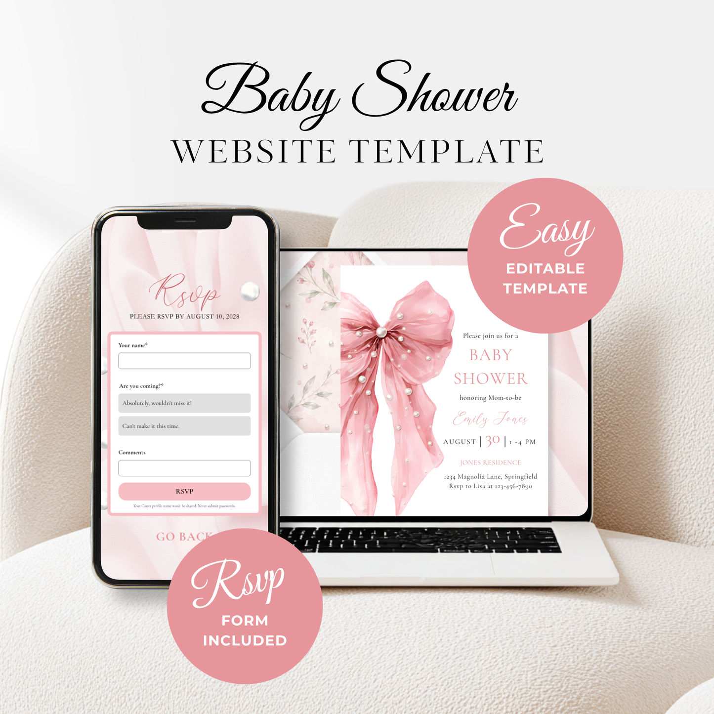 Pink Bow Baby Shower Website Template BS164