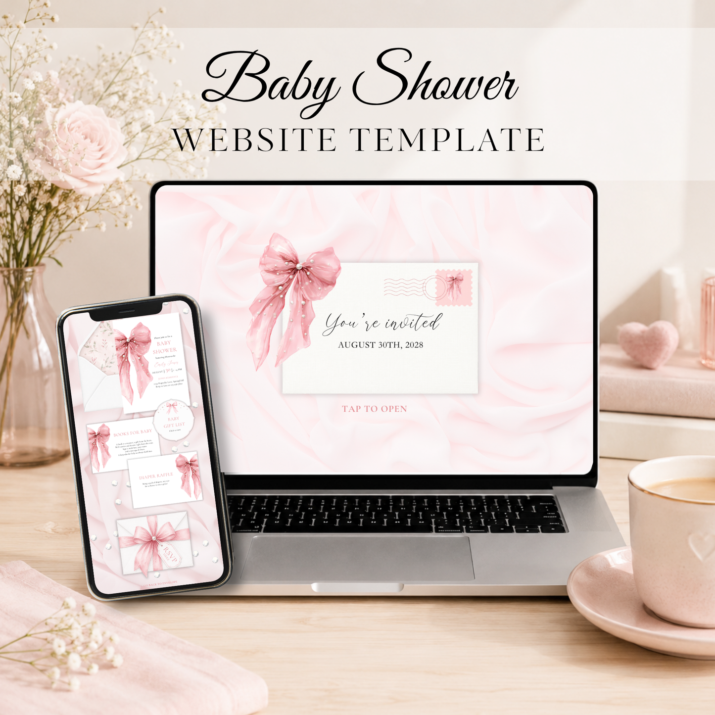 Pink Bow Baby Shower Website Template BS164