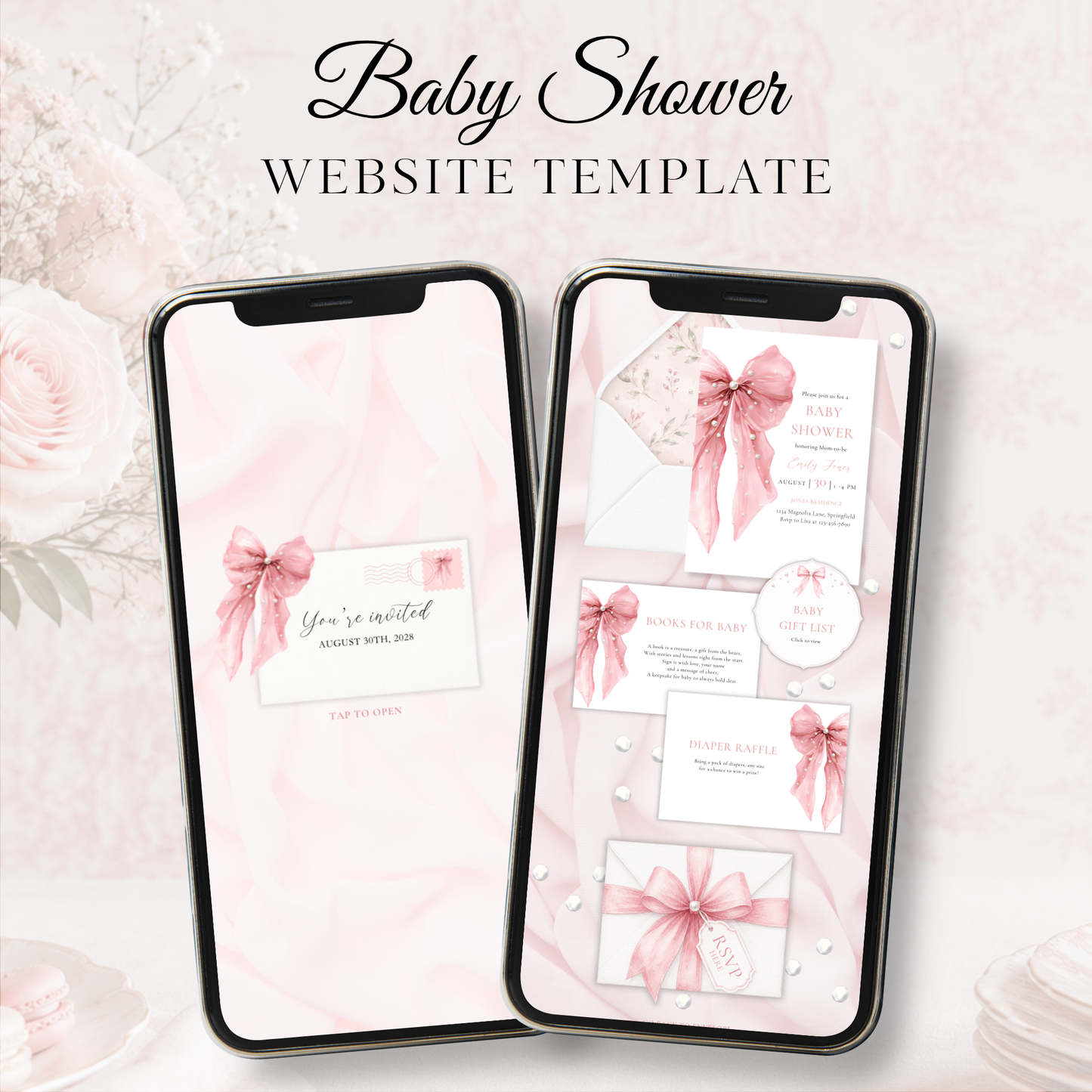 Pink Bow Baby Shower Website Template BS164