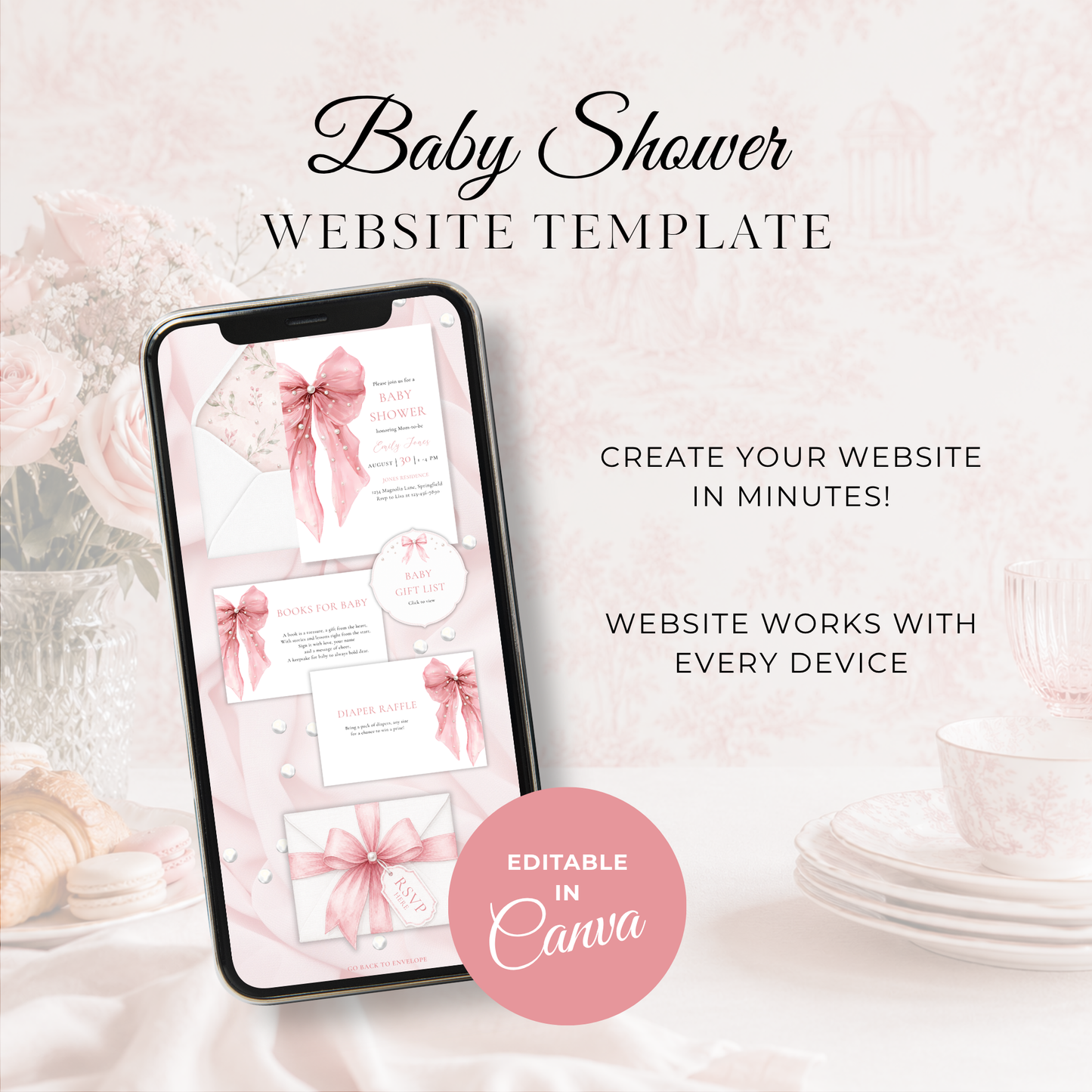 Pink Bow Baby Shower Website Template BS164