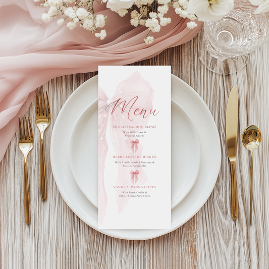 Pink Bows and Pearls Menu Card Template BS164