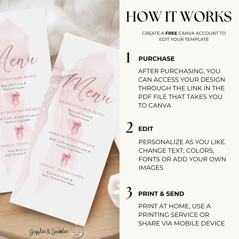 Pink Bows and Pearls Menu Card Template BS164