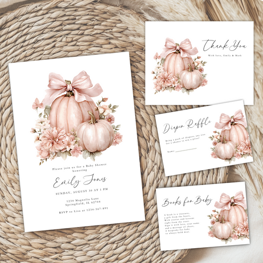 Baby Shower Invitation Bundle - Floral Pink Bow Pumpkin Coquette BS233
