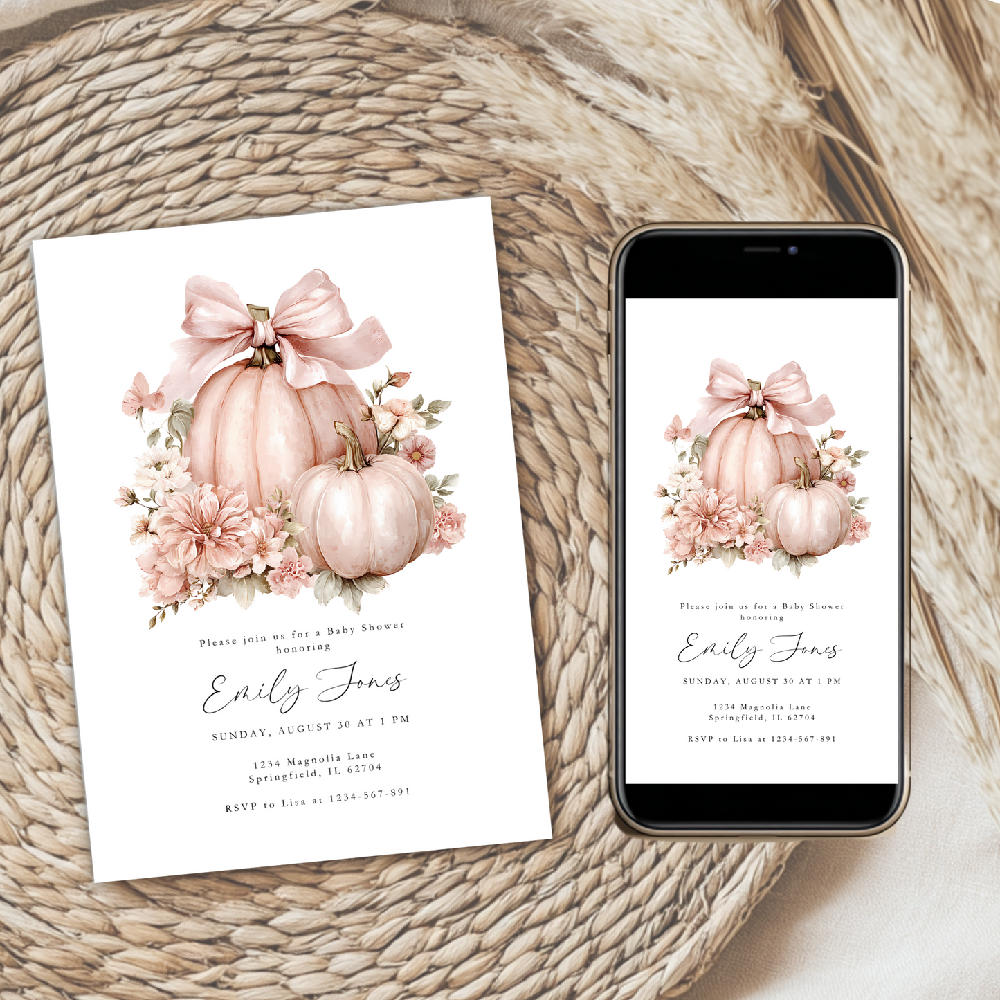 Baby Shower Invitation Bundle - Floral Pink Bow Pumpkin Coquette BS233