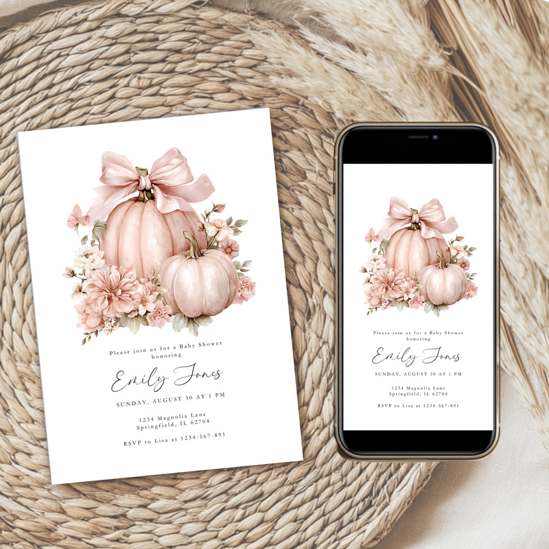 Baby Shower Invitation Bundle - Floral Pink Bow Pumpkin Coquette BS233