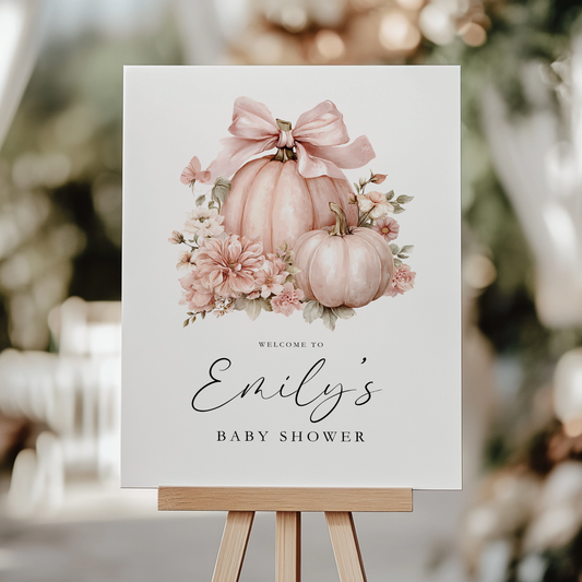 Baby Shower Welcome Sign - Pink Pumpkin Floral Bow Coquette BS233