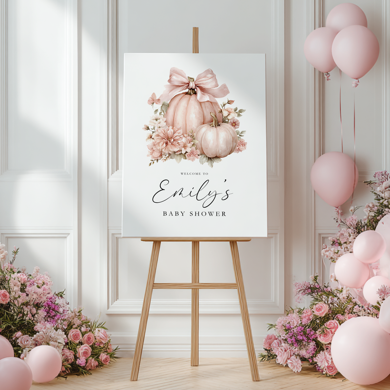 Baby Shower Welcome Sign - Pink Pumpkin Floral Bow Coquette BS233