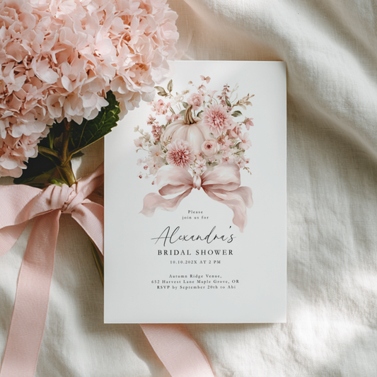 Dusty Pink Bow Pumpkin Bridal Shower Invitation Template L16