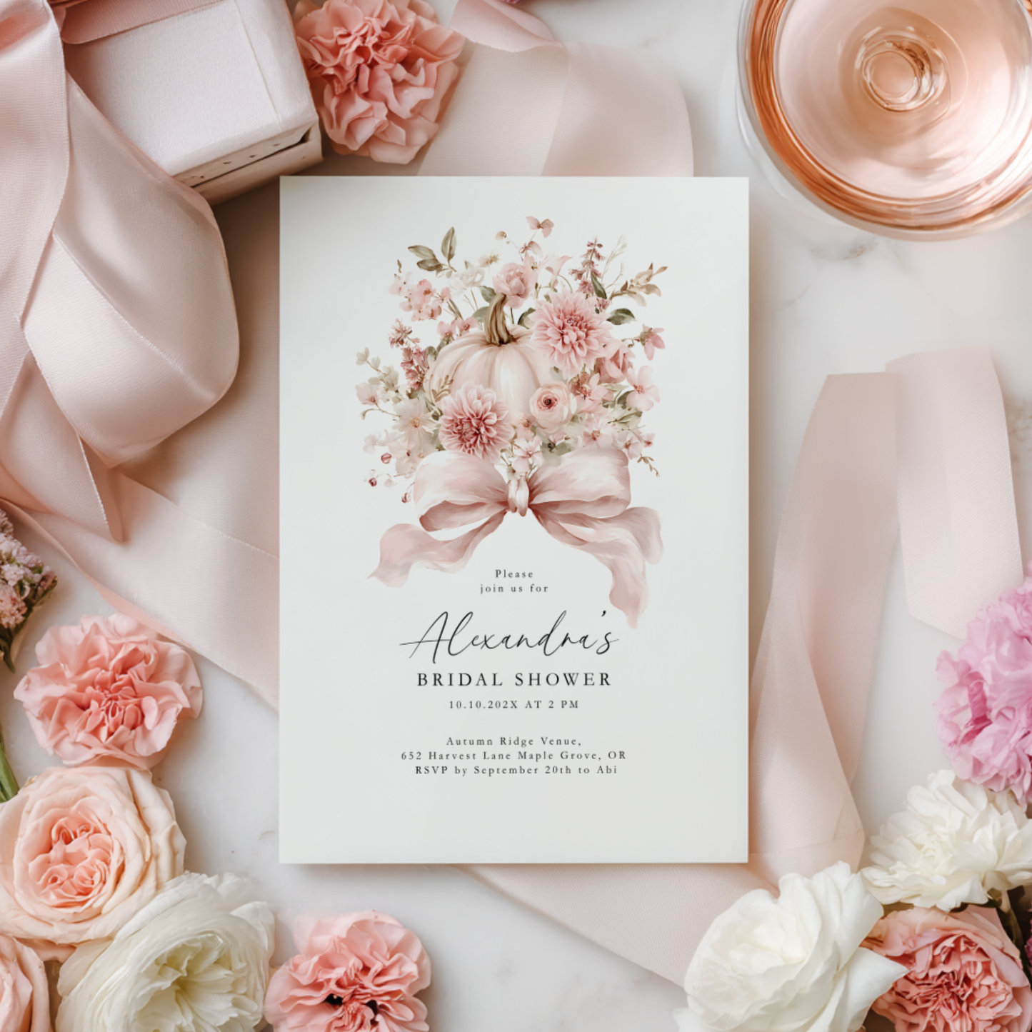 Dusty Pink Bow Pumpkin Bridal Shower Invitation Template L16